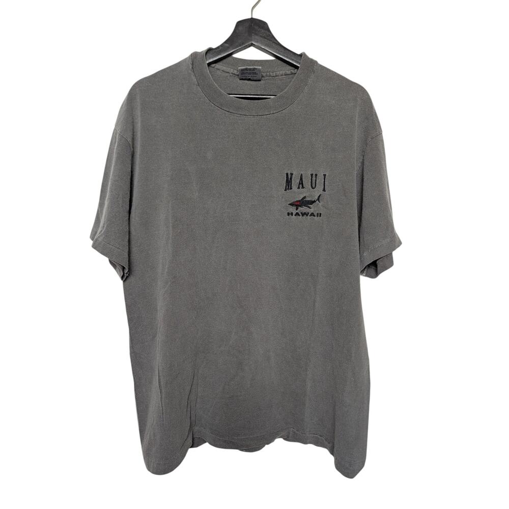 VTG‎ Sansegal Maui Hawaii Gray Single Stitch T-Shirt Size L Shark Embroidery